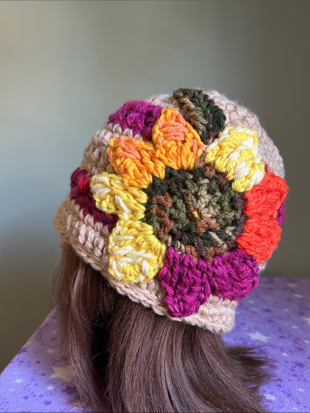 Cream Crochet Beanie with Bright SunFlower medium hippie medium new